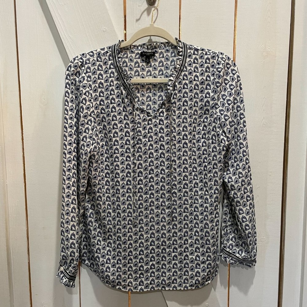Talbots blue white birdcage print blouse small petite